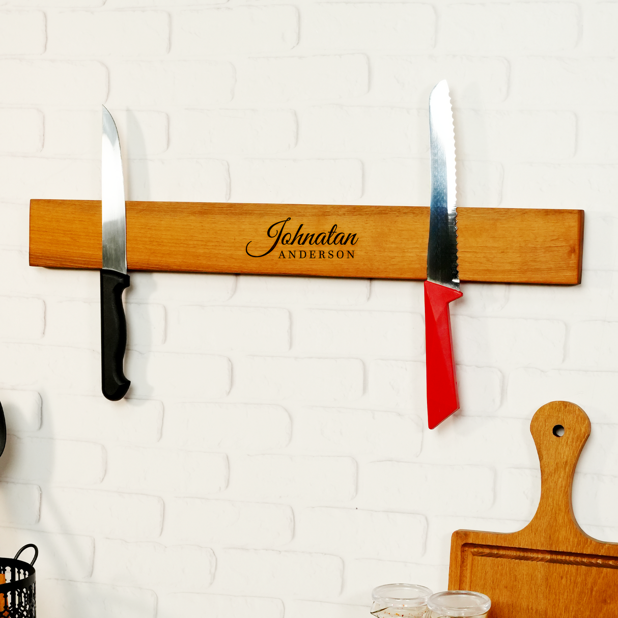 Custom Magnetic Walnut Knife Holder: Rustic Wooden Kitchen Wall Stand, Couple Name Engraving