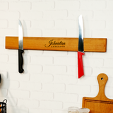 Custom Magnetic Walnut Knife Holder: Rustic Wooden Kitchen Wall Stand, Couple Name Engraving