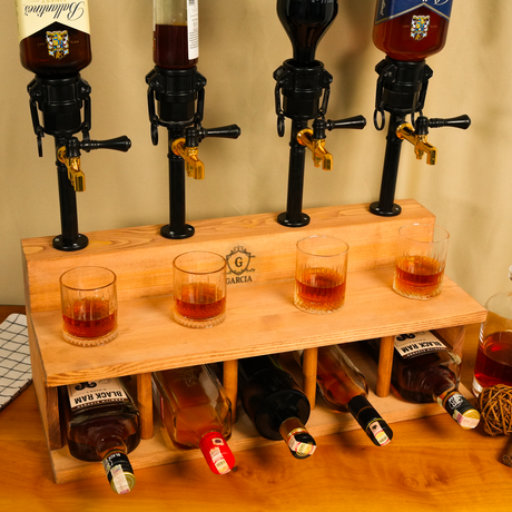 Wooden liquor dispenser set with four bottles and glasses on a wooden stand.