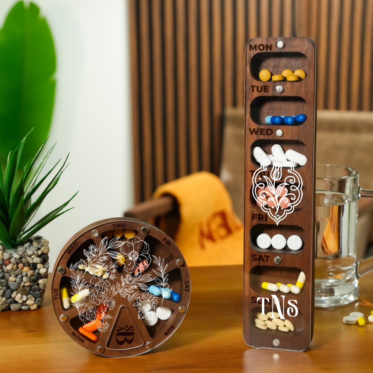 Custom Name Pill Holder with Wooden Lid: Handmade Vitamin Storage for Weekly Use