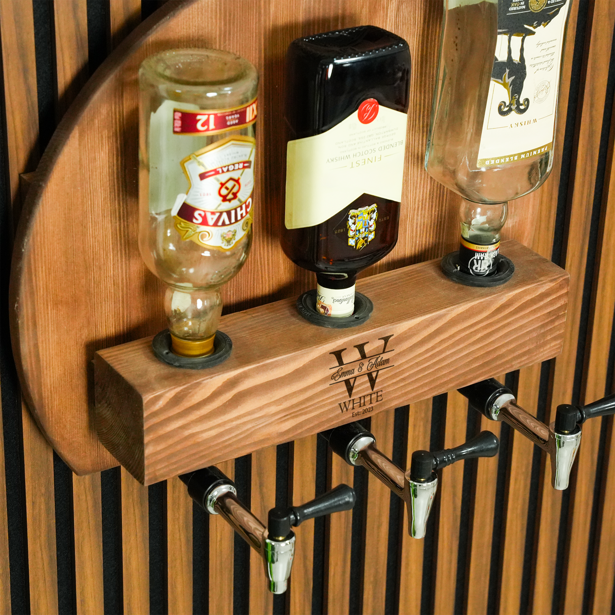 Wooden Wall Mount Whiskey Dispenser with Engraved Glass Stand: Alcohol Tap Station
