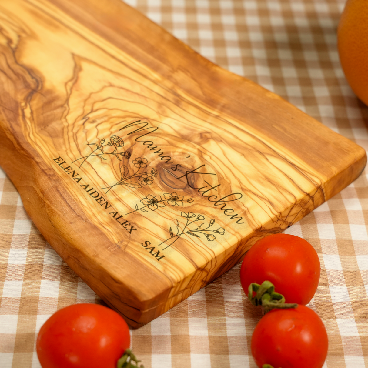 Grandma’s Garden Engraved Olive Wood Board: Live Edge Design with Grandkids Names