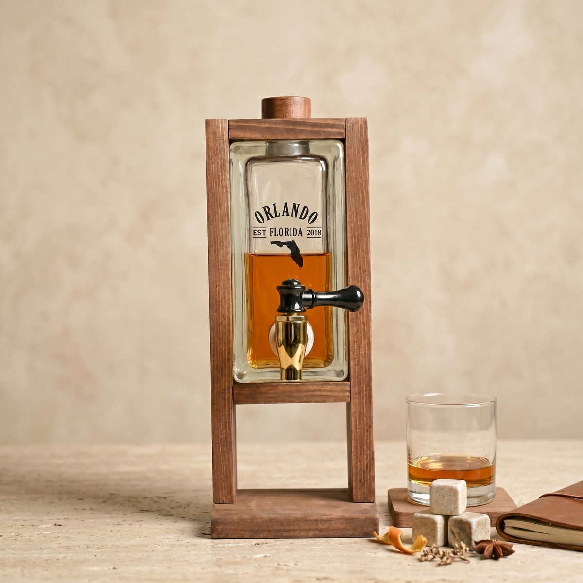 Personalized Glass Whiskey Dispenser with Wooden Stand | Home Bar Accessory