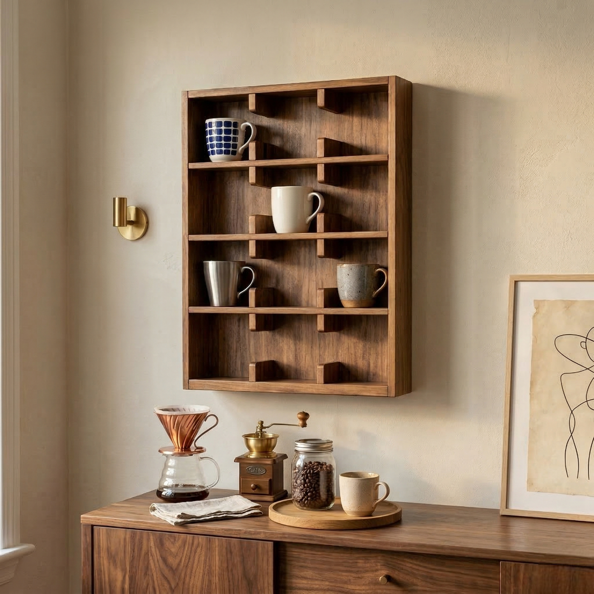 Coffee Mug Rack Wall Shelf: Wooden Cup Holder for Kitchen Coffee Station