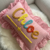 Personalized Gingham Nursery Pillow with Ruffles: Embroidered Name Baby Gift