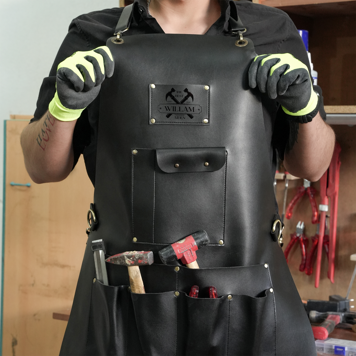 Mechanic Gift Custom Name Leather Apron with Pockets, Personalized Wood Workshop Apron, Apron for Men, Anniversary Gift, Fathers Day Gift