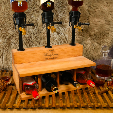 Wooden liquor decanter set with three bottles and a wooden stand on a textured surface.