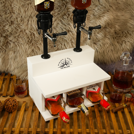 Beverage dispenser with bottles on a wooden surface against a fur background