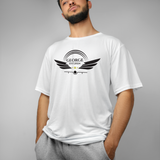 a man wearing a white pilot's T-shirt