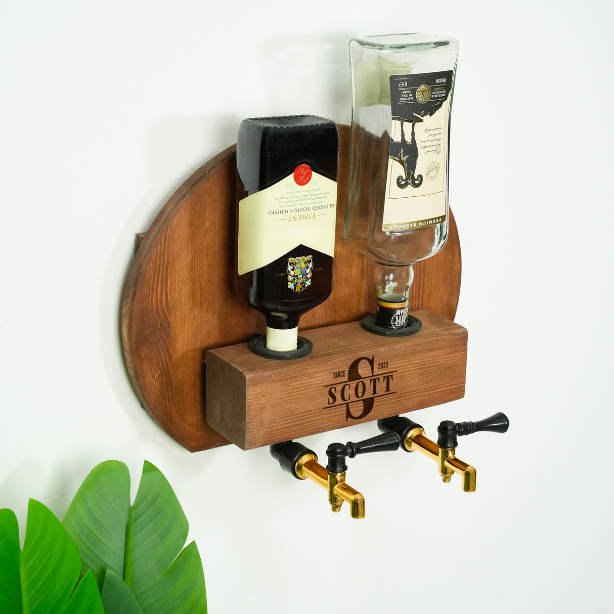 Wooden Wall Mount Whiskey Dispenser with Engraved Glass Stand: Alcohol Tap Station
