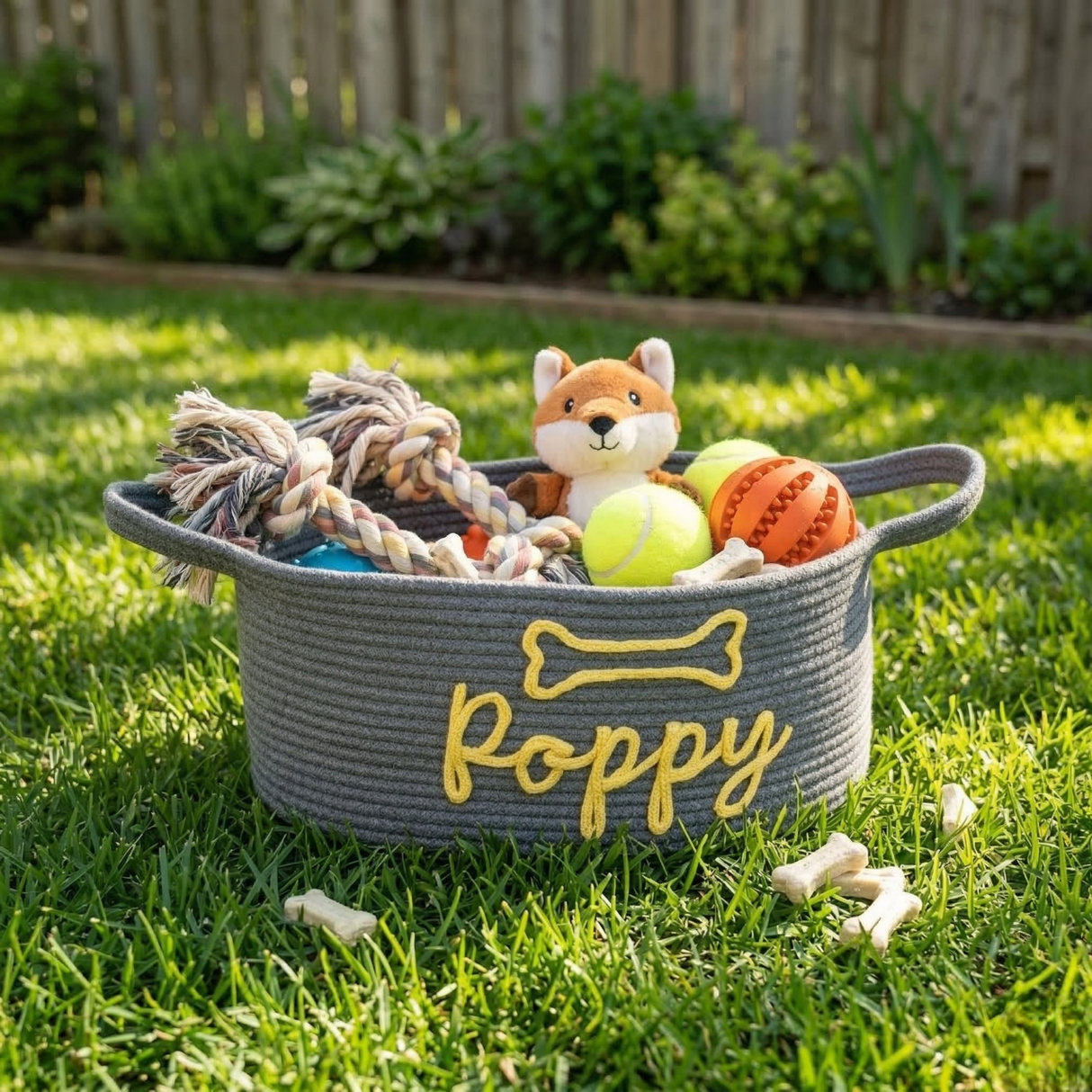Custom Dog Name Rope Storage Basket: Puppy Toy Organizer, Pet Lover Gifts