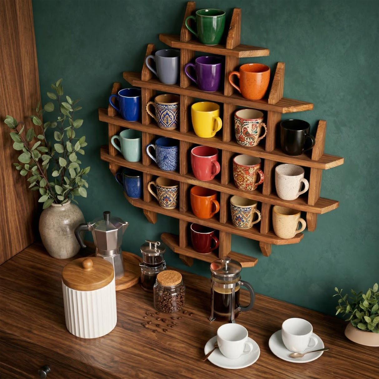 Wall Mounted Tea Coffee Mug Display Shelf: Cup Holder Kitchen Storage