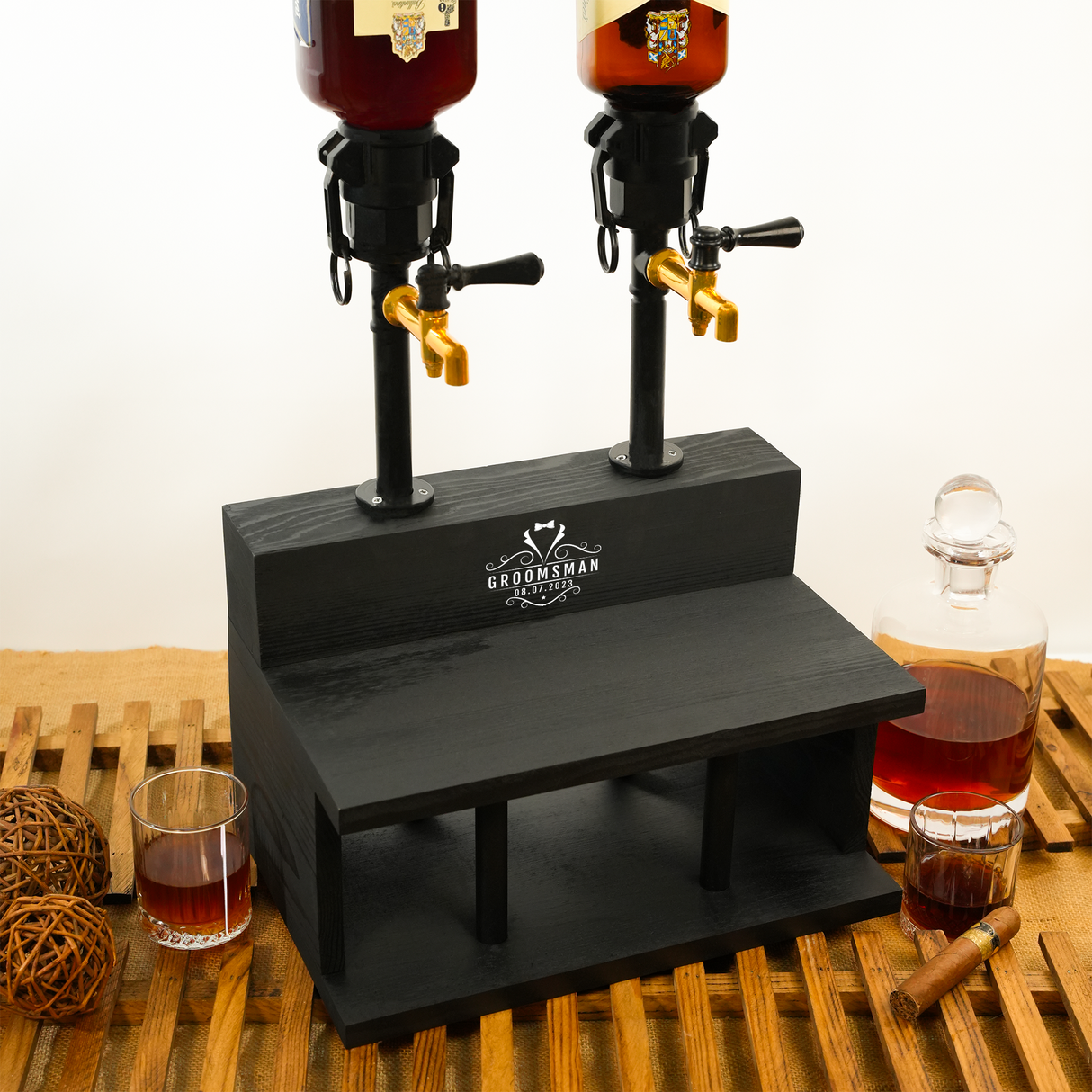 Wooden Whiskey Dispenser with Custom Engraved Stand: Rustic Basement Bar Decor