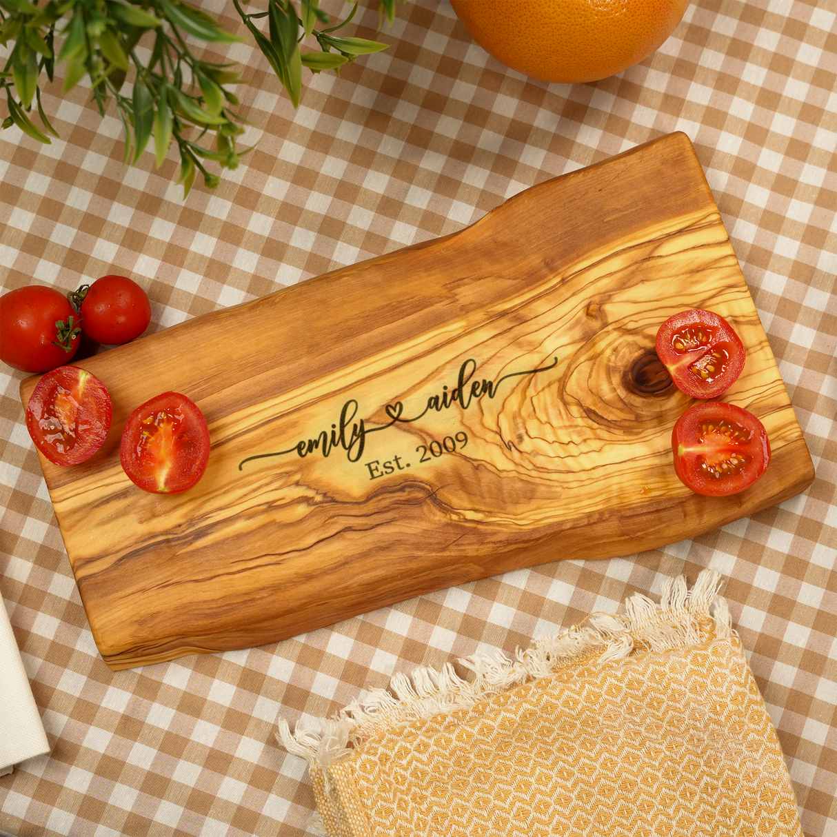 Olive Wood Personalized Cheese Serving Board: Live Edge for Housewarming Gift