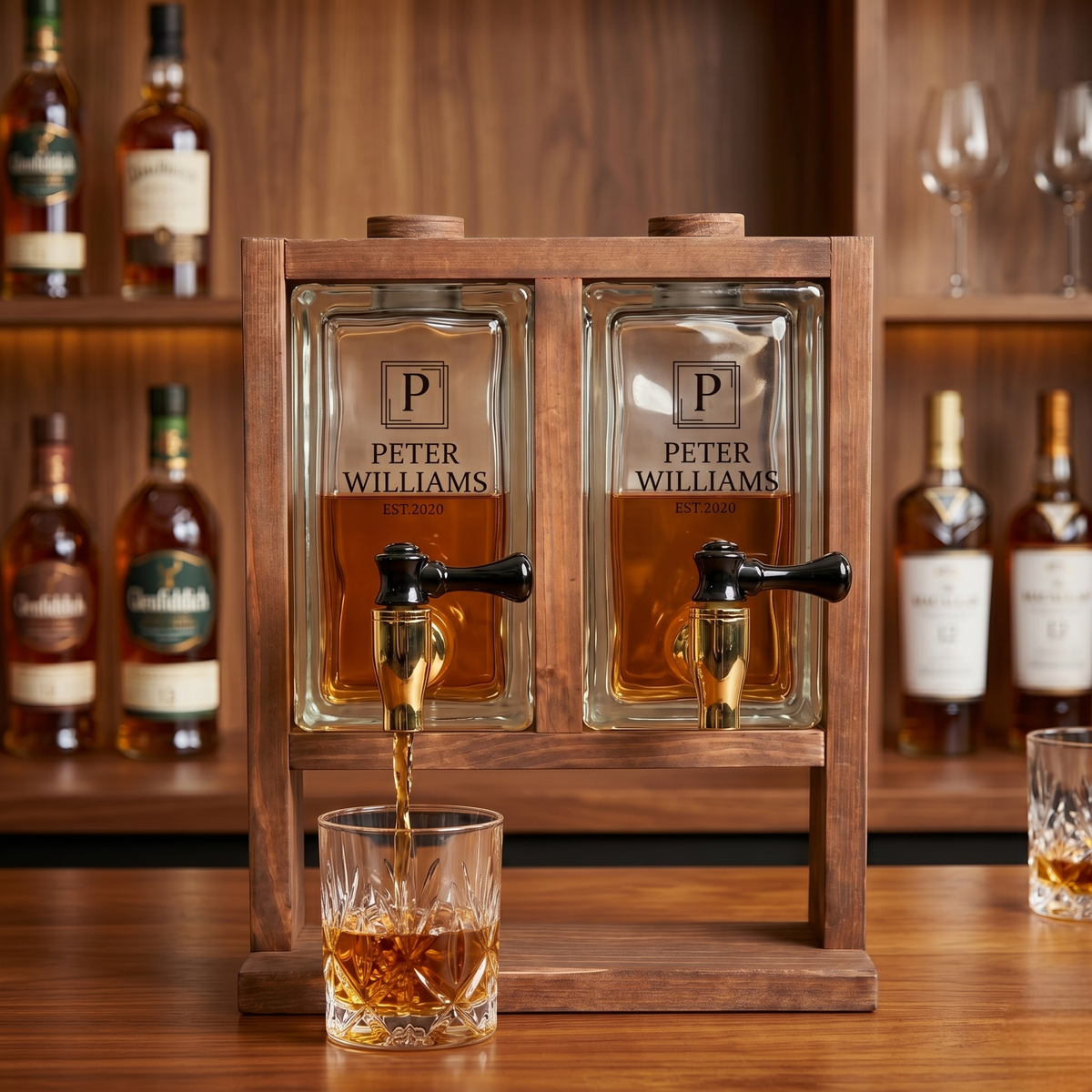 Countertop Whiskey Dispenser with Custom Glass | Wooden Bar Stand