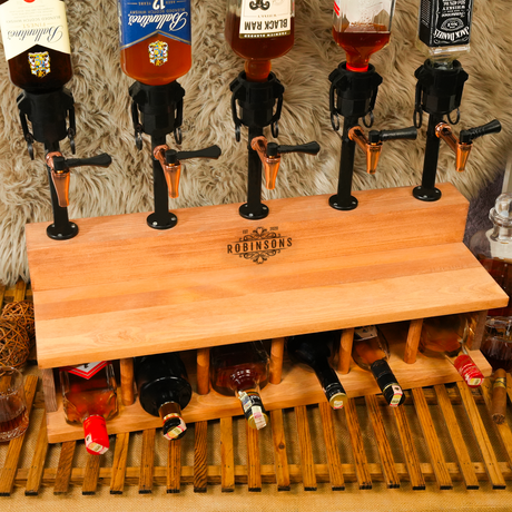 Wooden bottle holder with liquor bottles and taps, featuring the Robinsons brand.