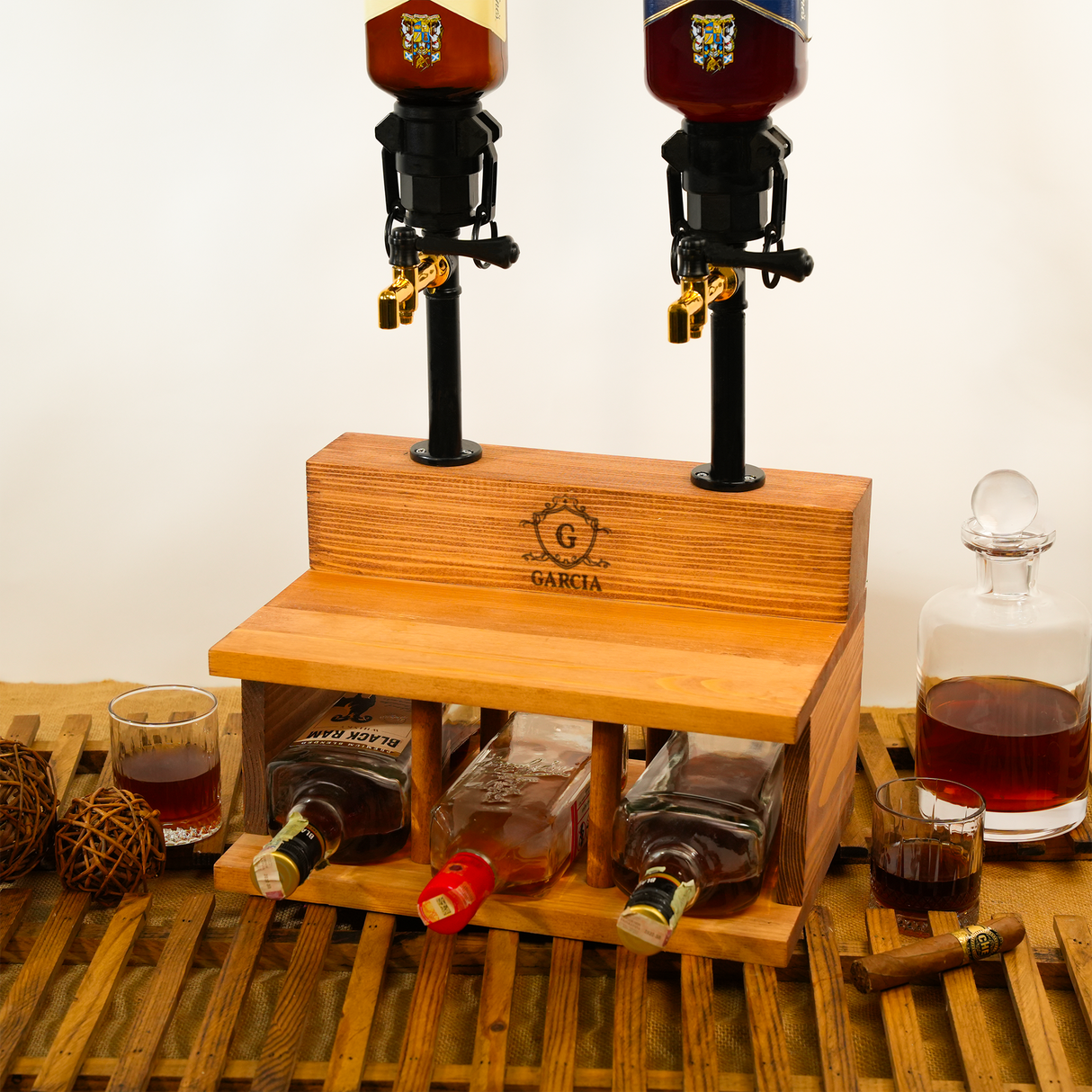 Engraved Wooden Whiskey Dispenser with Glasses: Personalized Liquor Gift