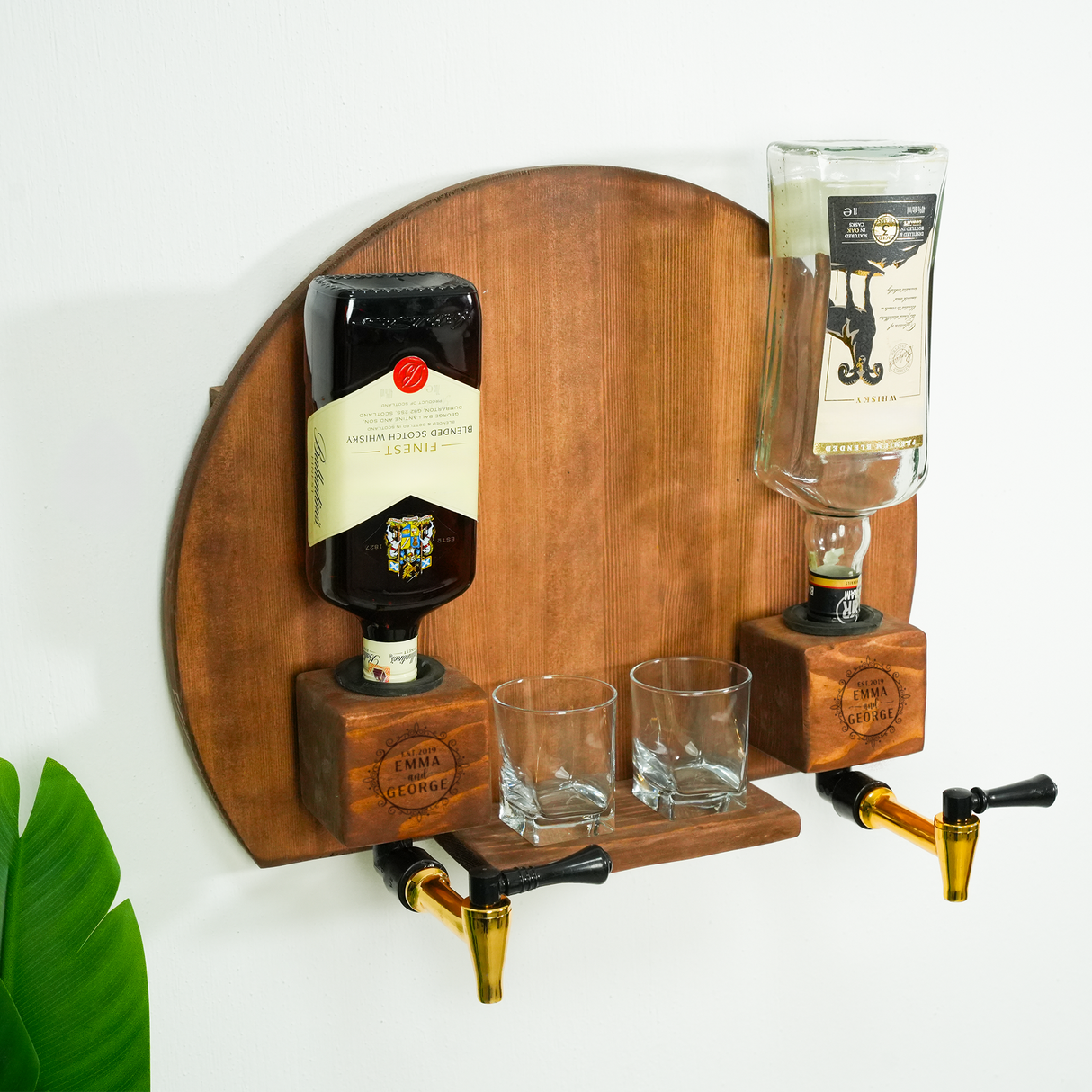 Rustic Wood Wall Bar with Whiskey Decanter: Personalized Drink Station for Home Bar Display