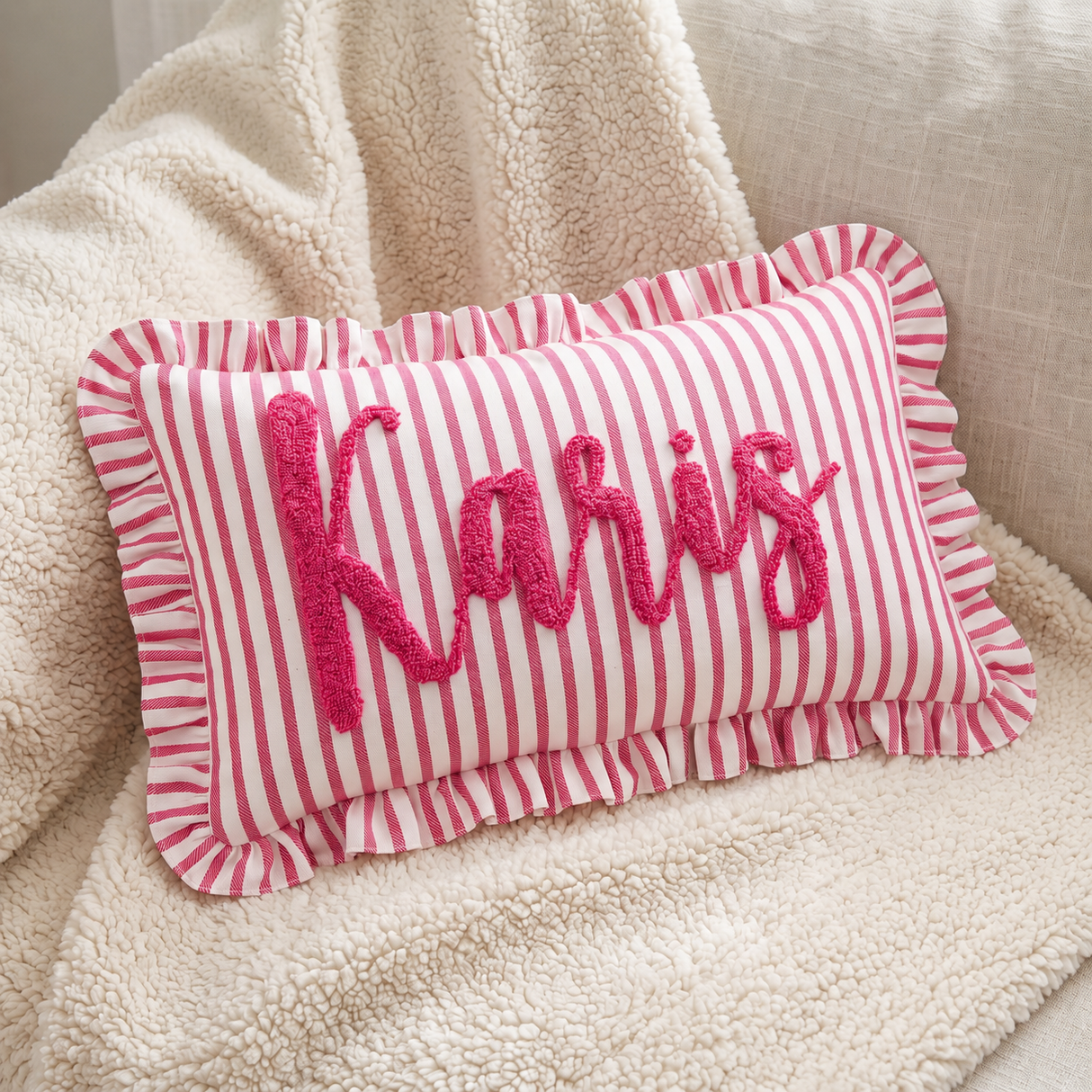 Custom Name Embroidered Pillow for Baby, Striped Ruffle Nursery Decor Cushion