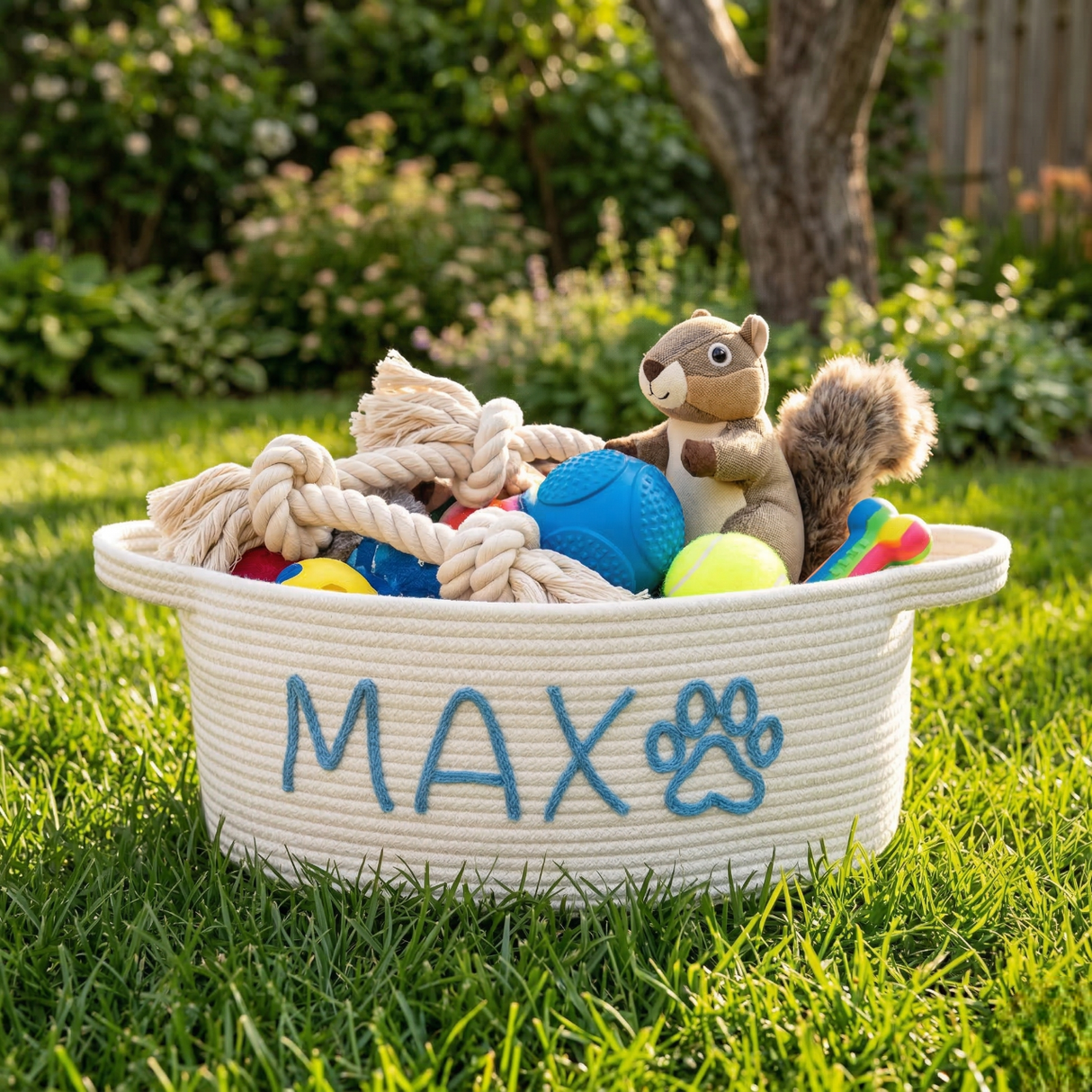 Custom Dog Name Rope Storage Basket: Puppy Toy Organizer, Pet Lover Gifts