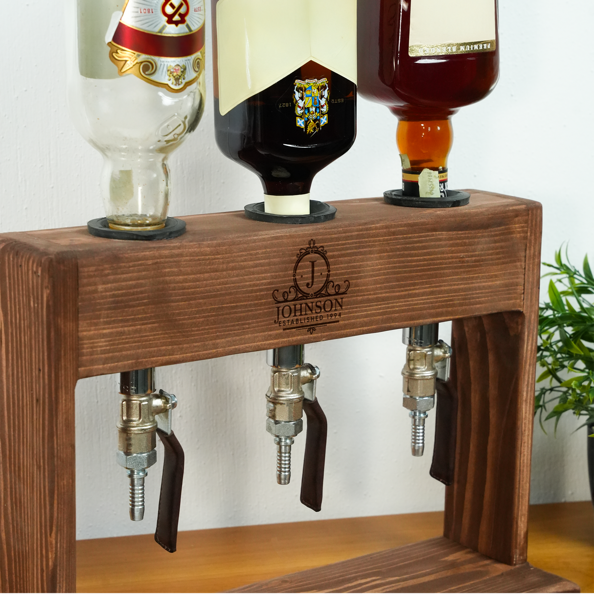 Wooden Personalized Whiskey Dispenser: Home Bar Stand with Leather Tap & Glasses