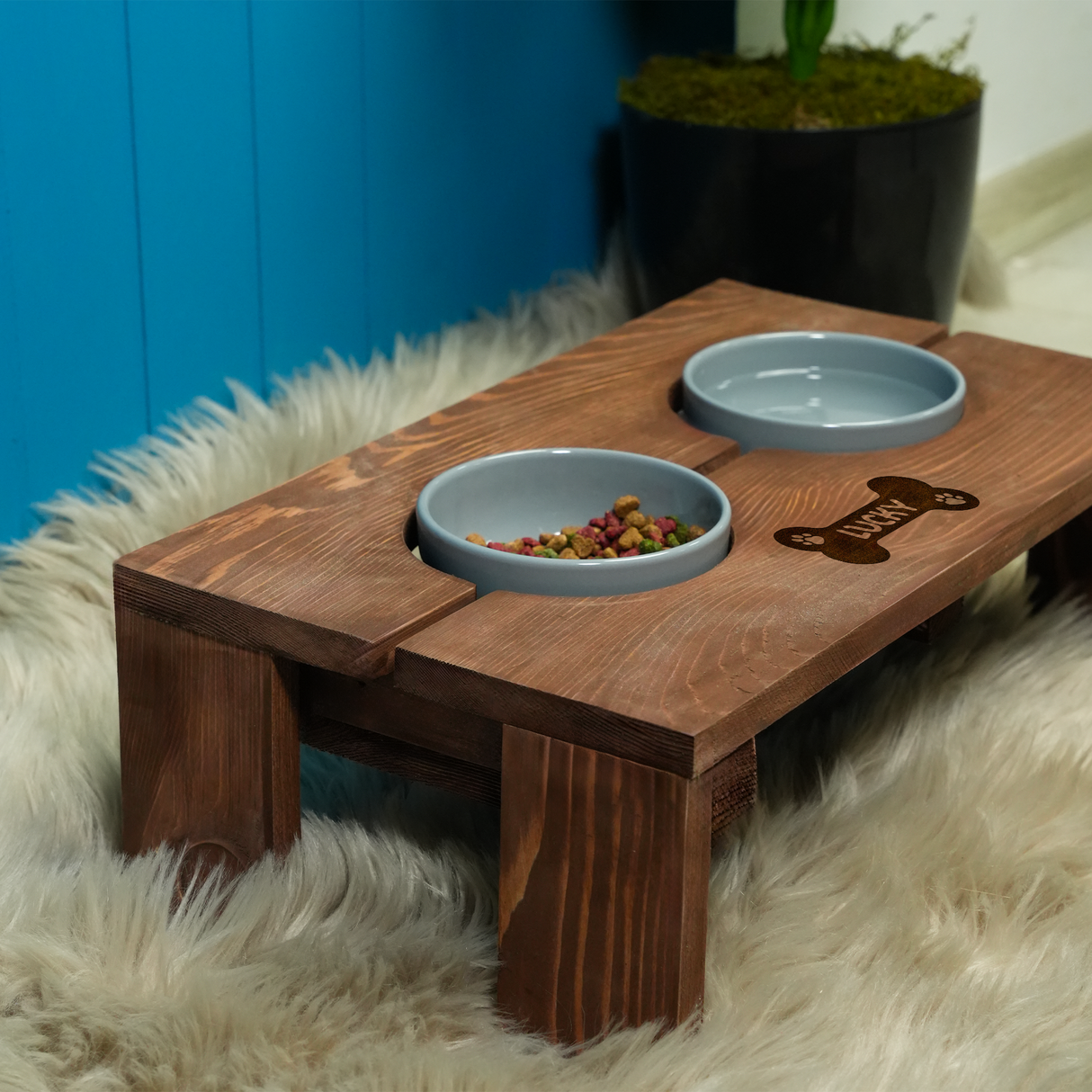 Personalized Wooden Double Feeding Bowl Stand: Custom Engraved Water and Food Bowls