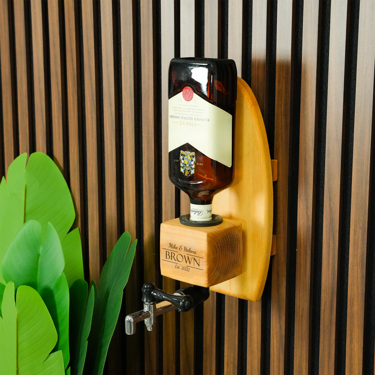 Personalized Liquor Dispenser with Tap: Wooden Whiskey Stand for Rustic Bar Decor