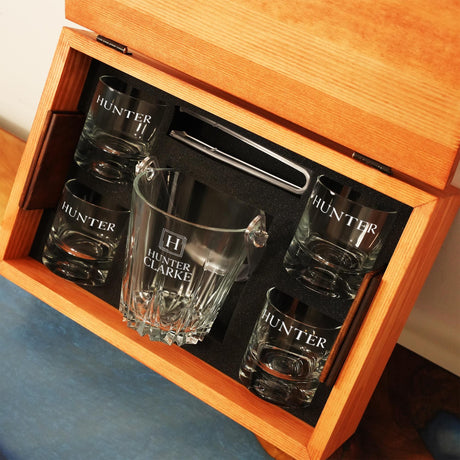a wooden cabinet with glasses inside of it