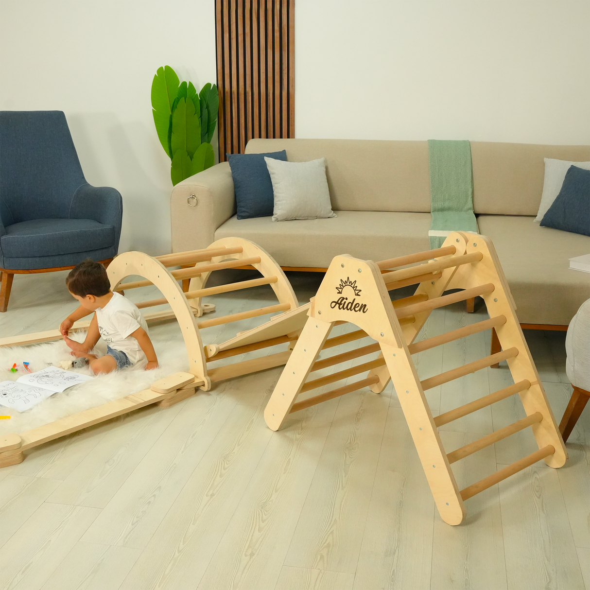 Personalized Climber Set with Balance Board, Arch and Ramp: Montessori Wooden Triangle for Toddlers