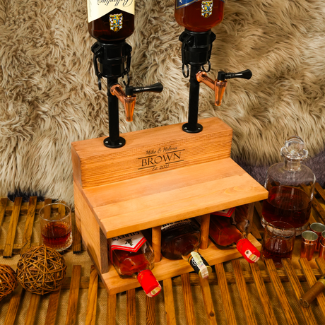 Wooden liquor dispenser with bottles and glasses on a textured surface