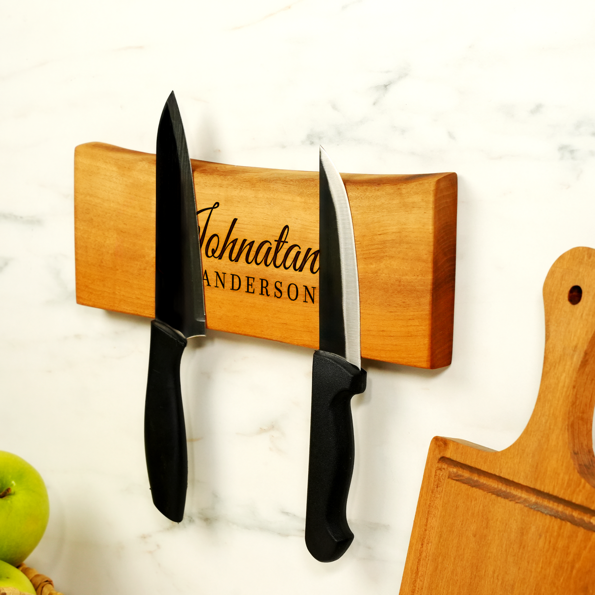 Custom Magnetic Walnut Knife Holder: Rustic Wooden Kitchen Wall Stand, Couple Name Engraving