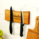 Custom Magnetic Walnut Knife Holder: Rustic Wooden Kitchen Wall Stand, Couple Name Engraving