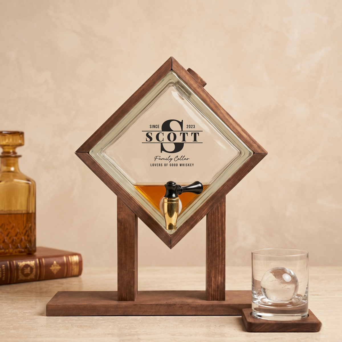 Personalized Glass Whiskey Dispenser with Wooden Stand | Home Bar Accessory