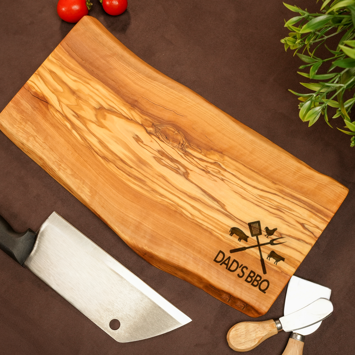 Personalized Olive Wood BBQ Cutting Board: Live Edge Engraving, Grill Gift for Grandpa