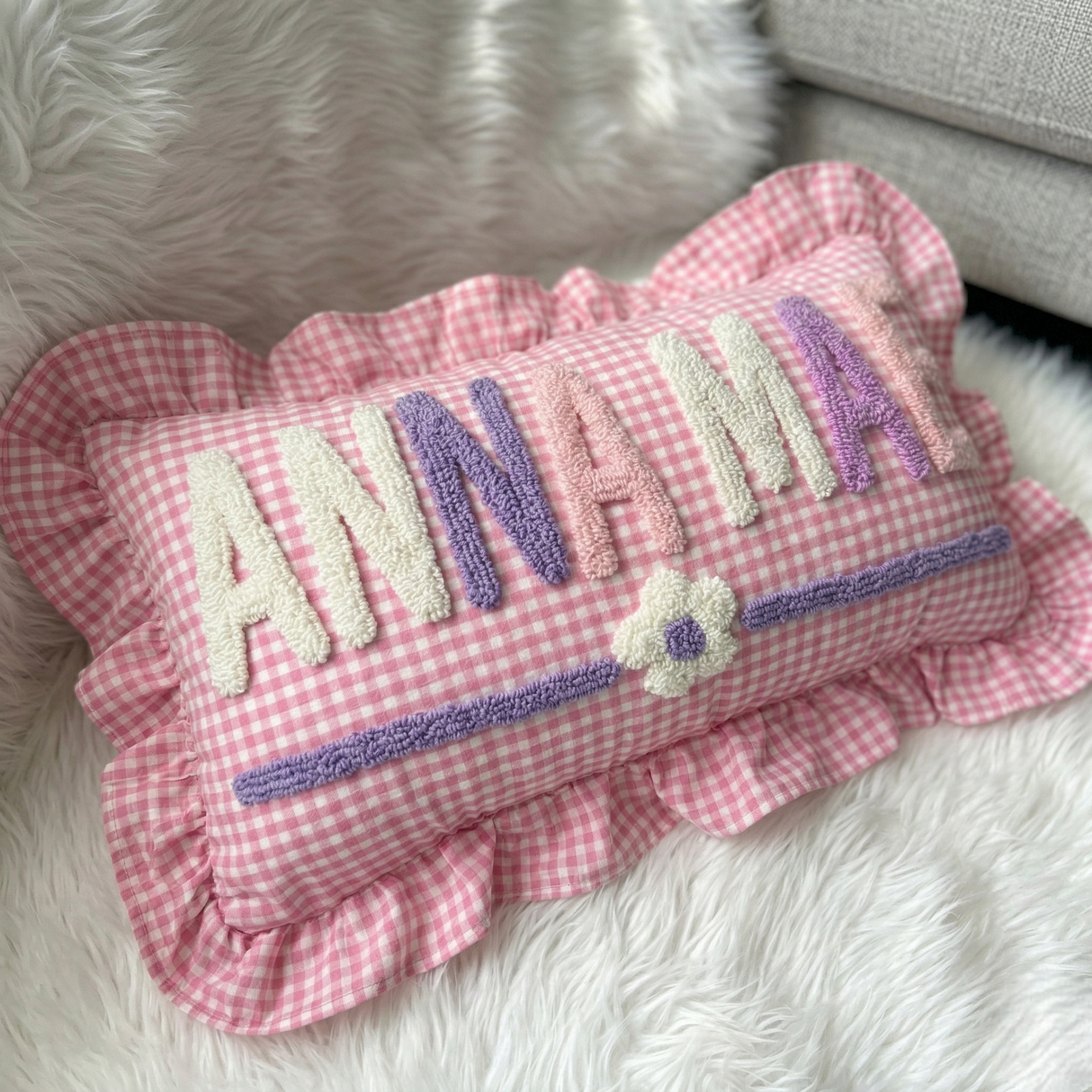 Personalized Gingham Nursery Pillow with Ruffles: Embroidered Name Baby Gift