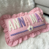 Personalized Gingham Nursery Pillow with Ruffles: Embroidered Name Baby Gift