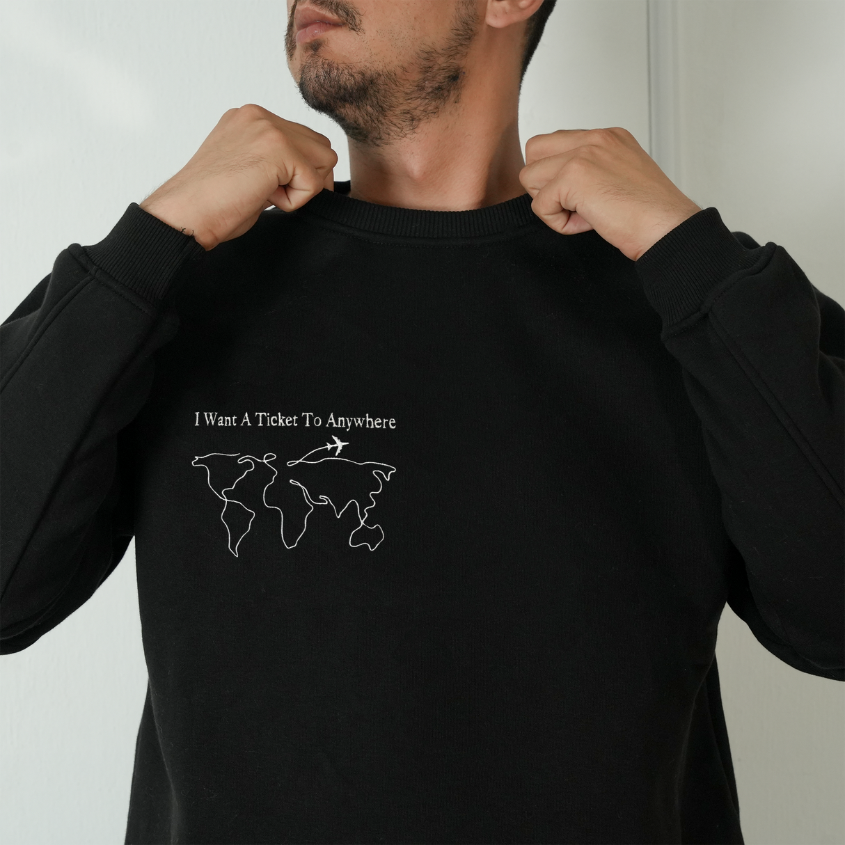 Adventure Awaits Embroidered Sweatshirt: Custom Initial on Sleeve, Christmas Gift for Travelers