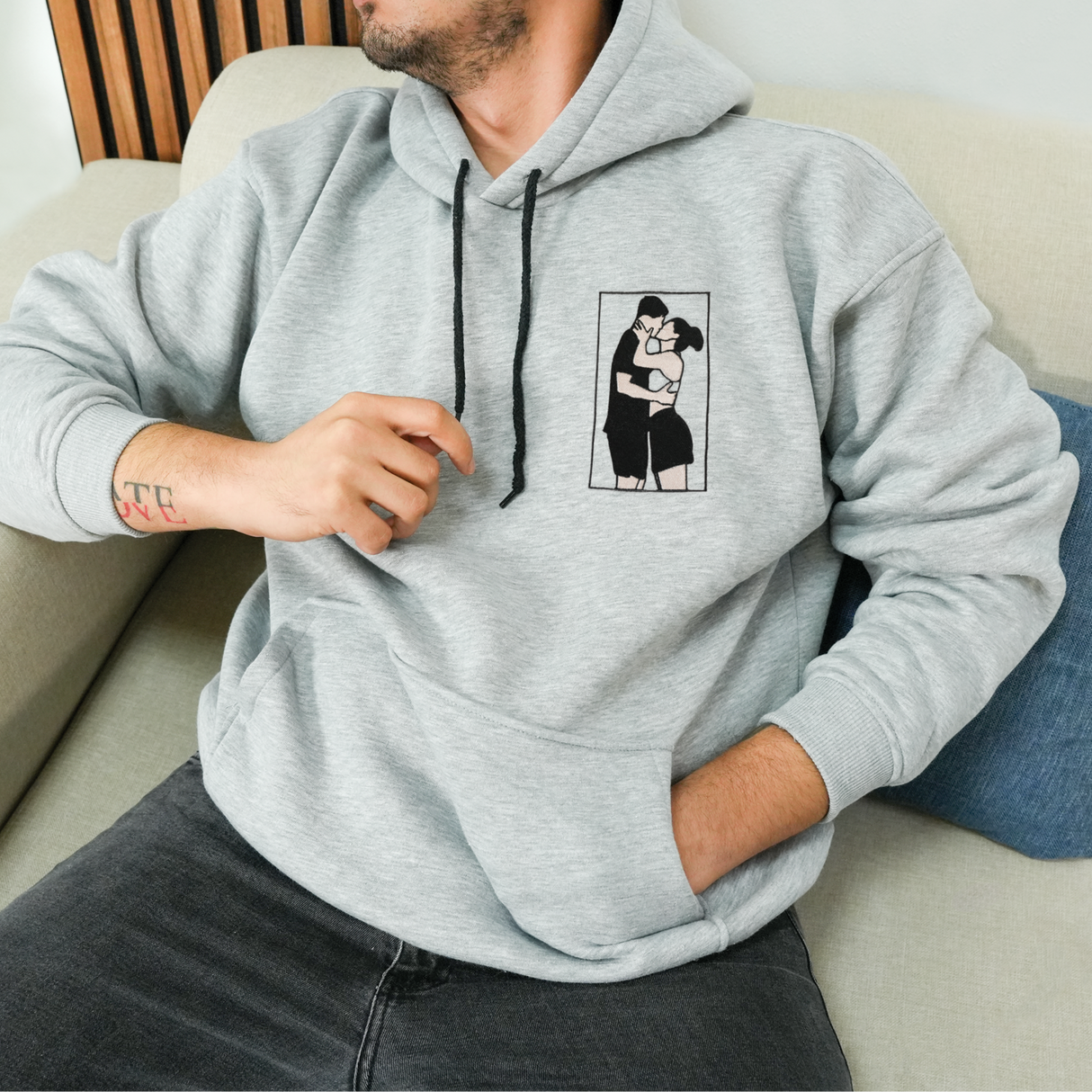 Custom Couple Portrait Sweatshirt: Embroidered Family Photo with Initials on Sleeve, Christmas Gift