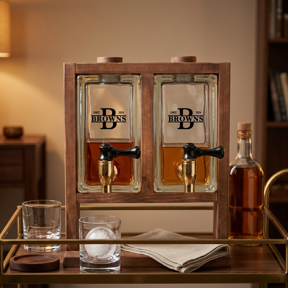 Personalized Glass Whiskey Dispenser with Wooden Stand | Home Bar Accessory