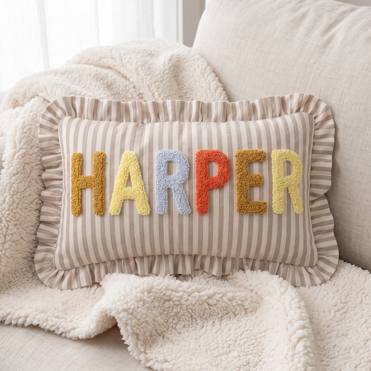 Striped Ruffle Custom Name Pillow, Personalized Nursery Cushion, Baby Newborn Gift