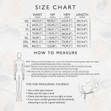 Size chart for clothing with measurements in inches and centimeters, including a diagram on how to measure.