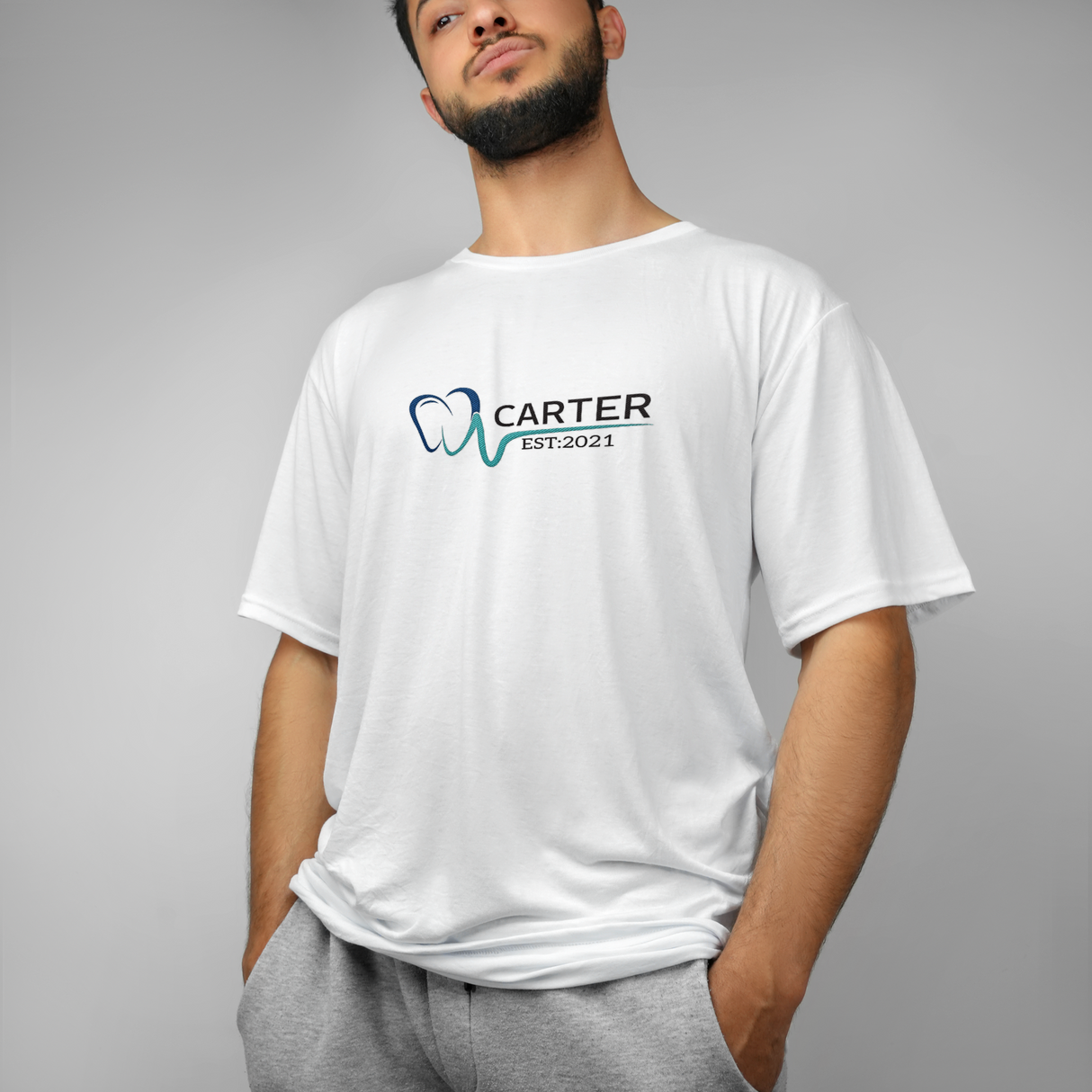 a man wearing a white dentist shirt