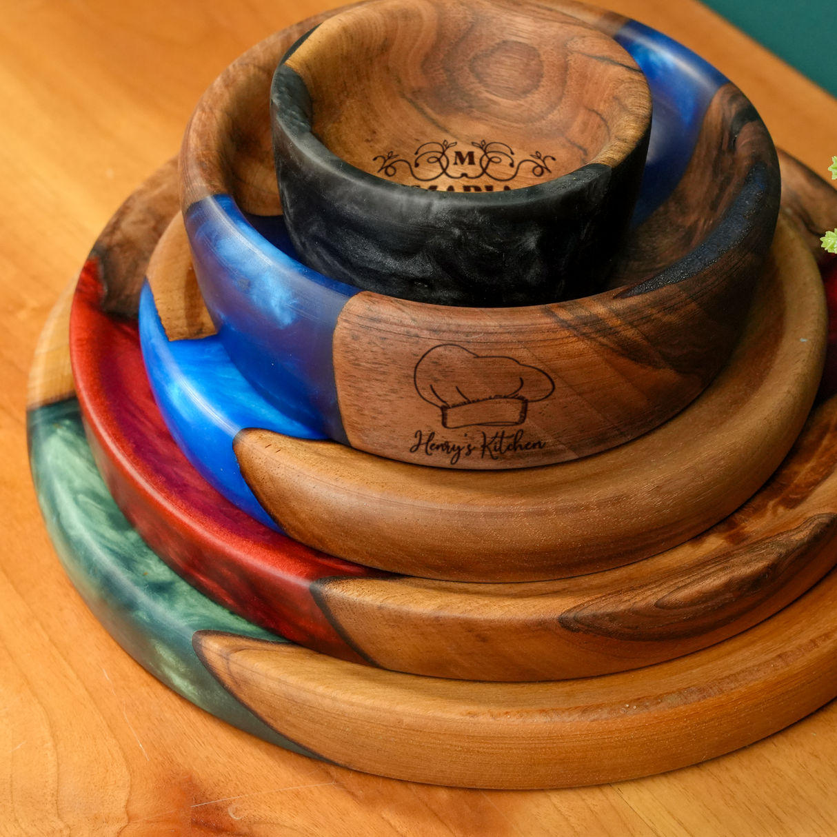 Wood and Epoxy Personalized Kitchen Platter: Custom Engraved Rustic Tray for Serving