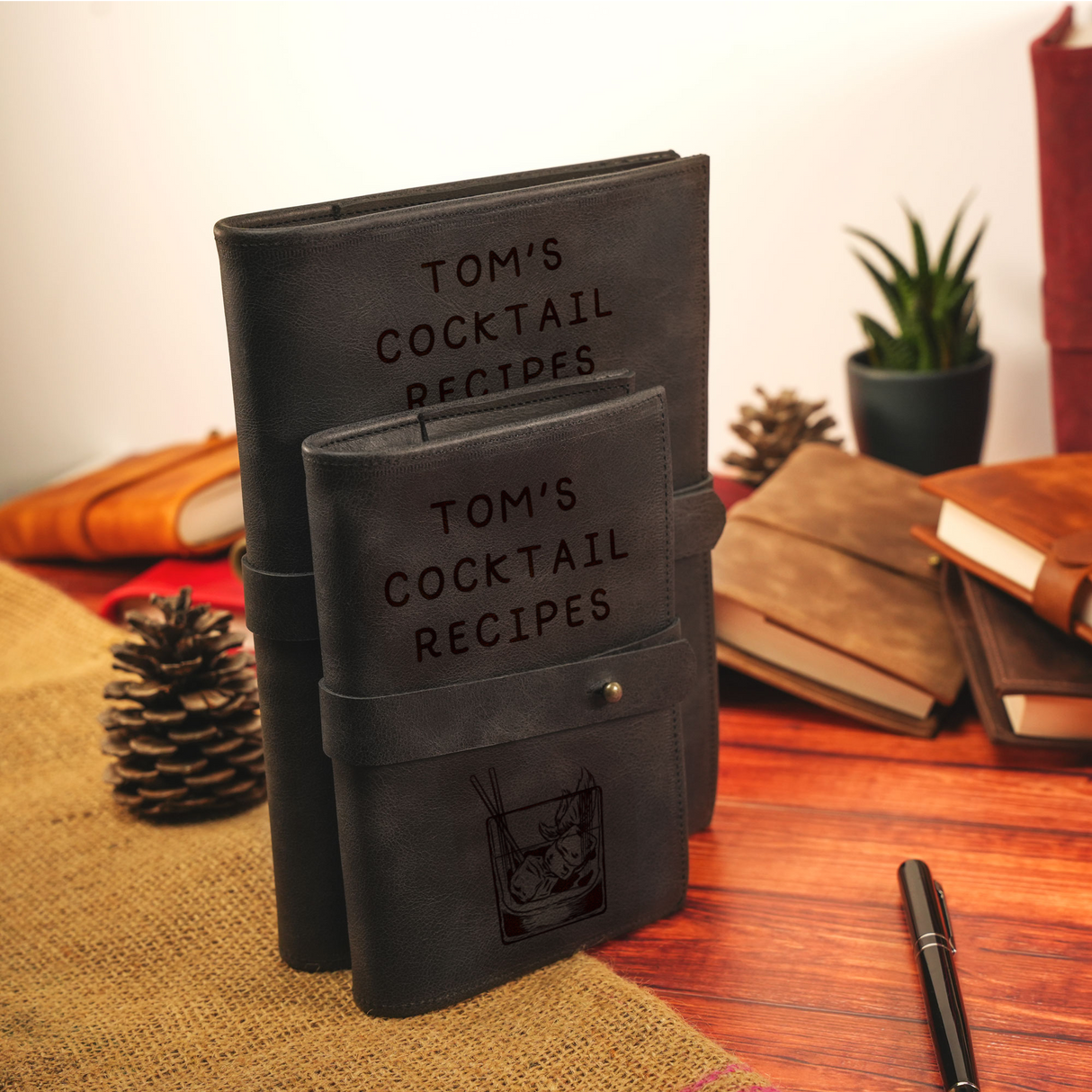Personalized Leather Cocktail Recipe Book: Refillable Bar Notebook with Mixology Design