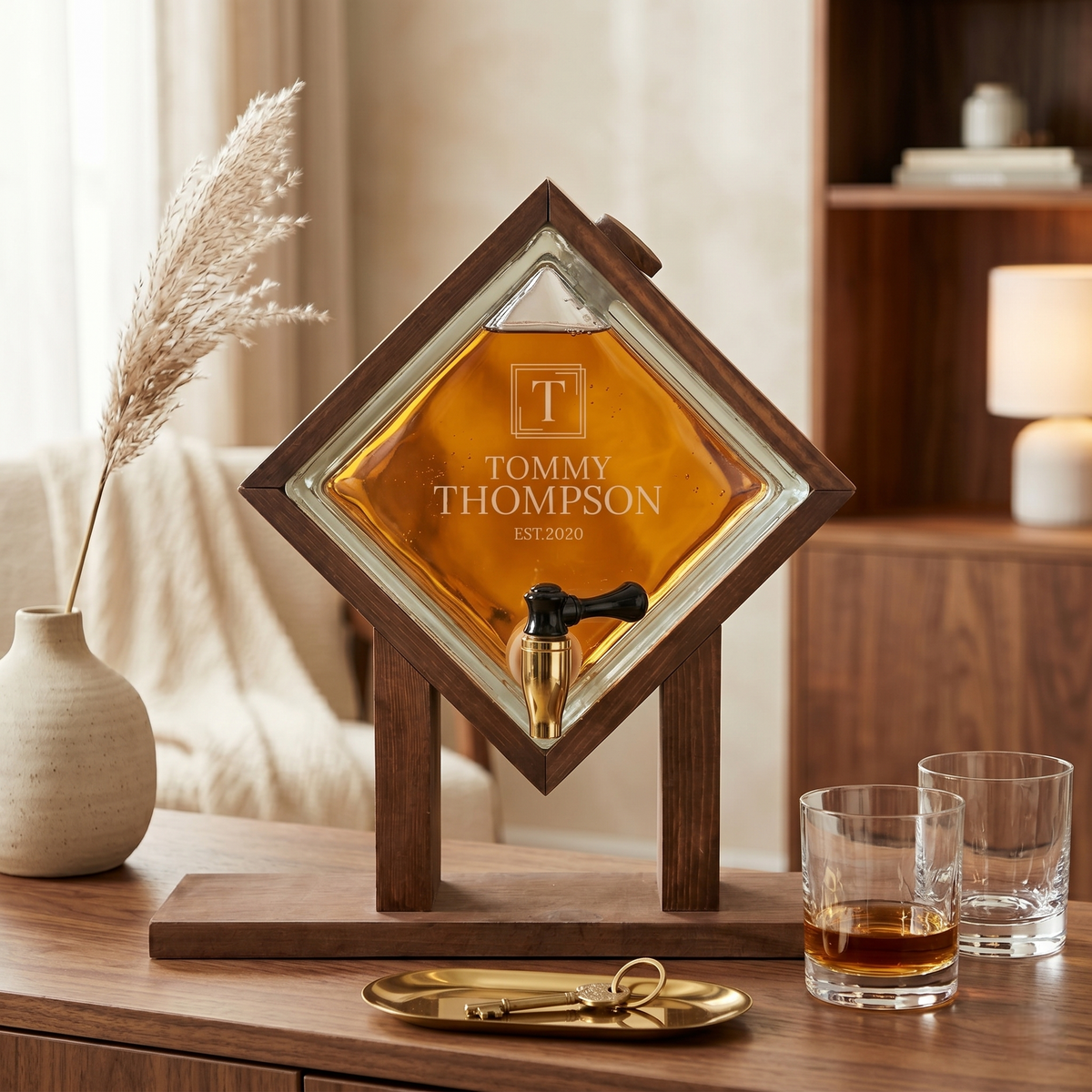 Personalized Glass Whiskey Dispenser with Wooden Stand | Home Bar Accessory