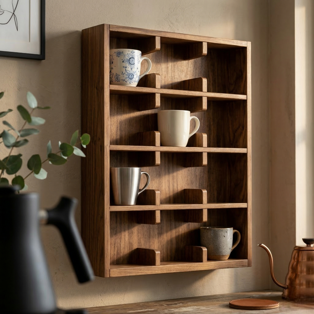 Coffee Cup Organizer Stand: Wooden Mug Rack Wall Shelf & Display