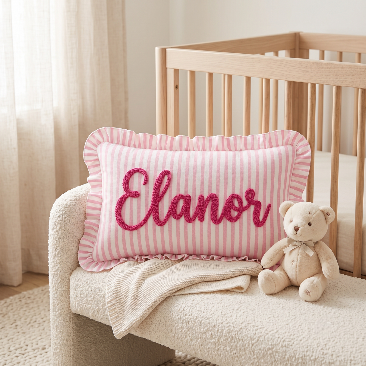 Personalized Name Ruffle Pillow Cover: Custom Name Cushion Baby Nursery Decor