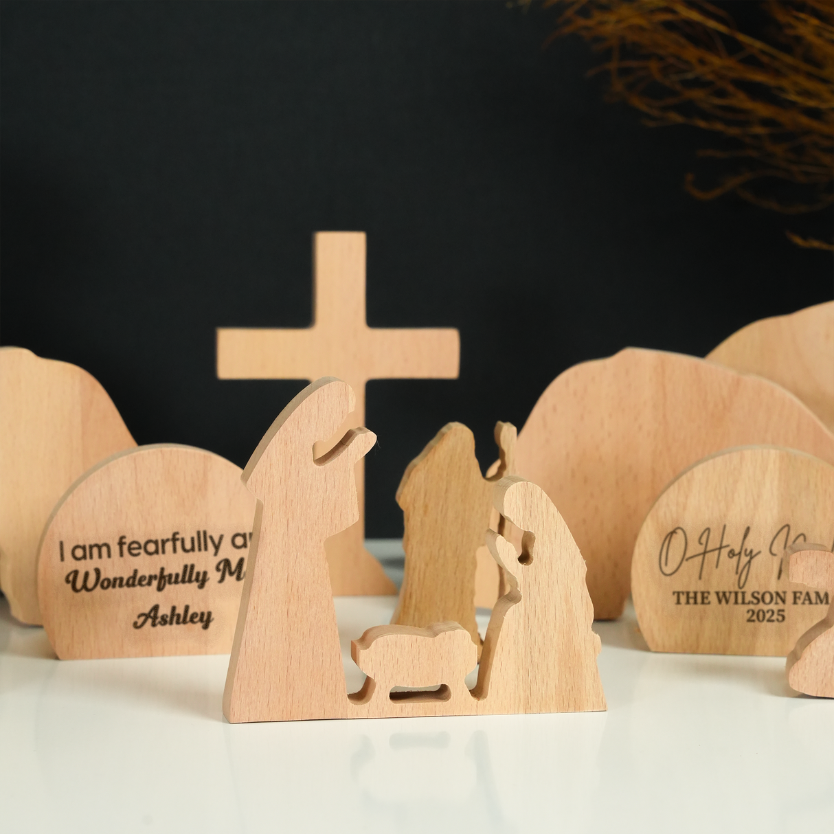 Custom Farmhouse Christmas Decor Wooden Nativity Set: Personalized Bible Verse Display