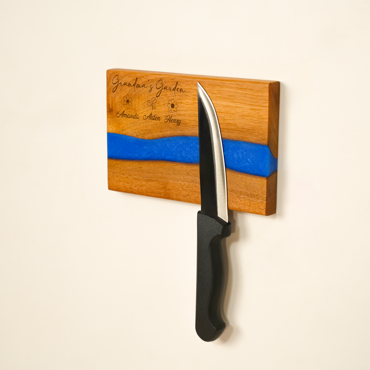 Personalized Epoxy Magnetic Knife Holder: Birth Flower Wooden Rack for Kitchen Organization