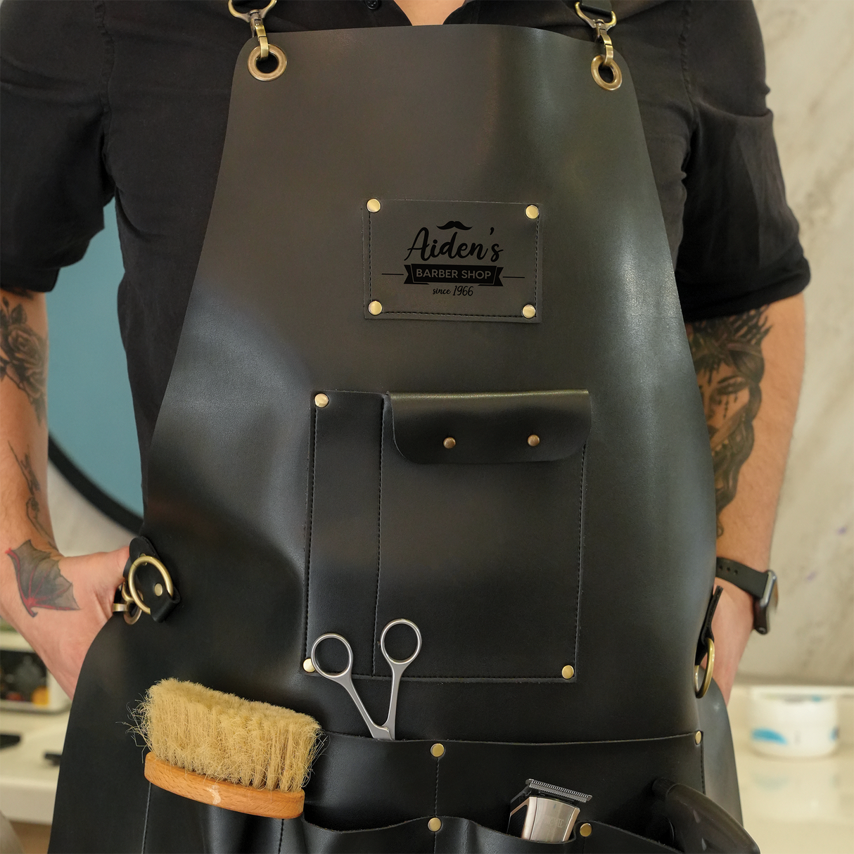 Custom Leather Hair Stylist Apron with Pockets, Personalized Aprons for Men, Barber Gift, Hairdresser Gift, Barber Accessory, Gift for Him